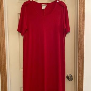 Red dress with short sleeve and button accents on shoulder